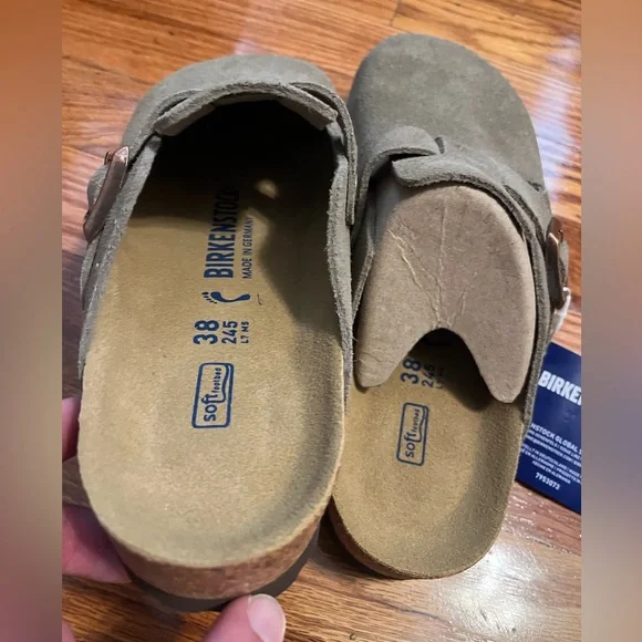 Birkenstock Boston Clogs Suede Leather Soft Footbed Taupe - Picture 2 of 7
